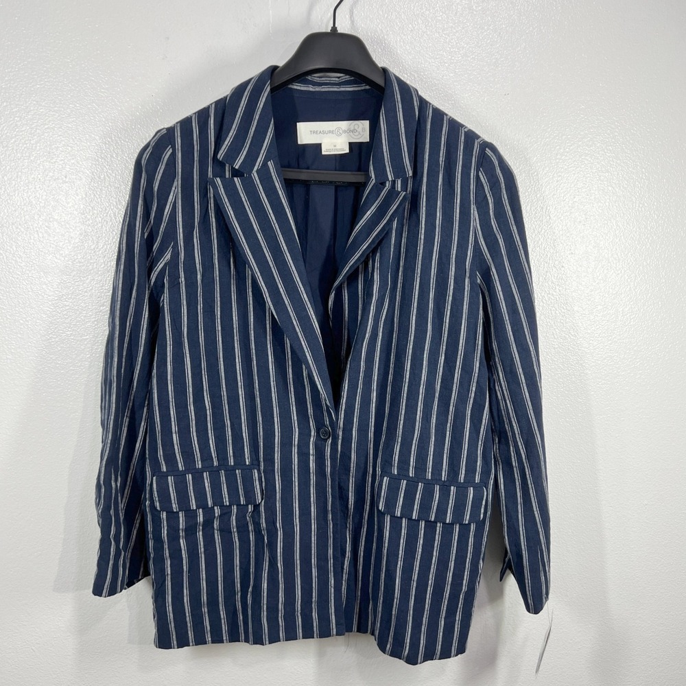 Treasure Bond Navy Blue Striped Linen Blend Blazer Jacket‎ Business Casual M